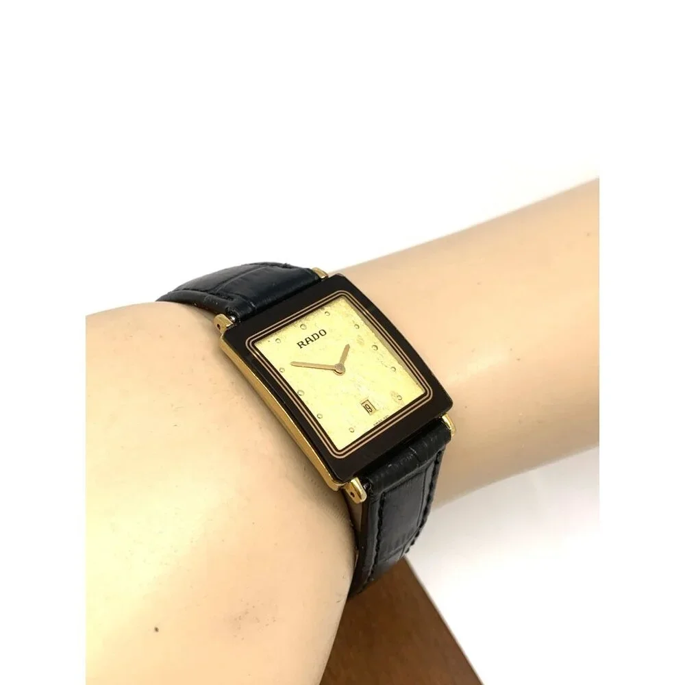 Rado Women's Watch 160.0381.3 Diastar Swiss Quartz Gold Black Leather Tank 24mm